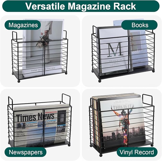 Metal Magazine Rack Floor, Wire Magazine Rack Storage Organizer with Handles - Iron Wire Black Folder Stand Holder for Home Office Bathroom Bedroom Living Room