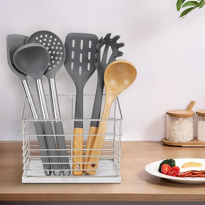 Utensil Holder for Kitchen Counter, Metal Utensil Holder Rack for Kitchen Countertop, Cooking Tools Storage for Spatula, Utensil Organizer with Marble Base, and Drainage Hole (Chrome Marble)