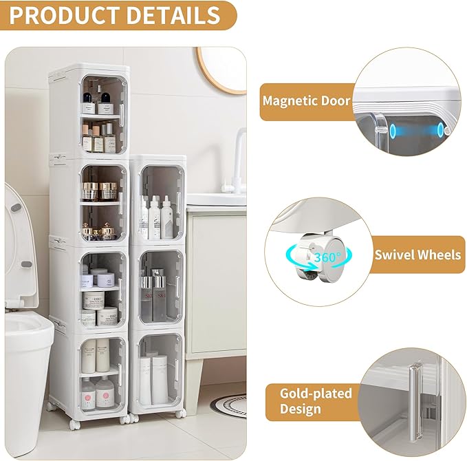 4-Tier Slim Narrow Storage Cabinet, Plastic Bathroom Storage Organizers for Bathroom White