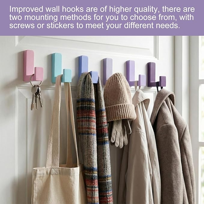 6 Pack Cute Kids Coat Wall Hooks Wooden Adhesive Decorative Colorful Wall Mounted Hangers Backpack Hooks for Hanging Keys Towel Clothes Bathroom Organization (Purple)