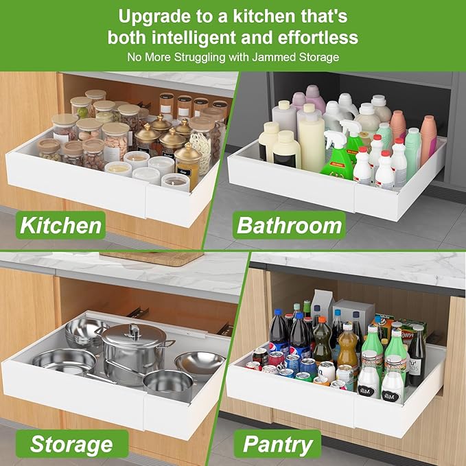 ANTOWIN 1-Pack Expandable Pull Out Cabinet Organizer 21"Deep(12.2"-20.5"W), 3 Full Extension Glides Slide Out Drawers, Roll Out Shelves Adhesive Raising Pad,Compatible Framed Cabinets,90lb Cap,White