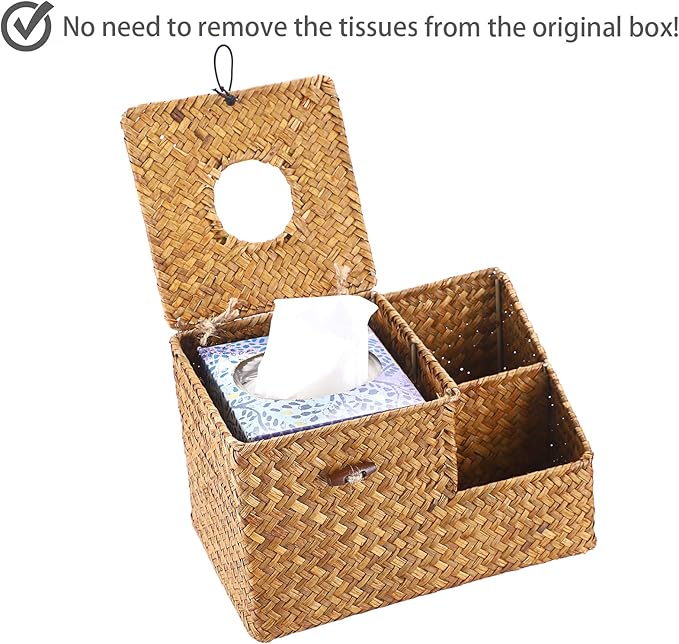 Sumnacon Square Woven Tissue Box Cover - Decorative Cube Tissue Box Holder with Side Organizer, Rustic Seagrass Tissue Box for Living Room Vanity Night Stand Table Countertop Office,Caramel