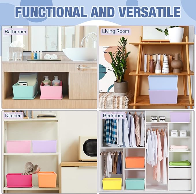 Menkxi 8 Pcs Storage Bins with Lids Small Plastic Storage Containers Stackable Storing Baskets Box Cute Organizer Bins for Organizing Shelves (Mixed Color)
