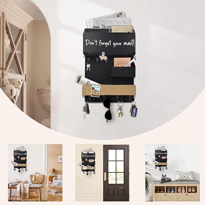 Mail Organizer Wall Mount,Key Holder Mail and Key Organizer for Wall with Shelf, Chalkboard, Corkboard, Home Decor for Room Office Entryway(Midnight Black)