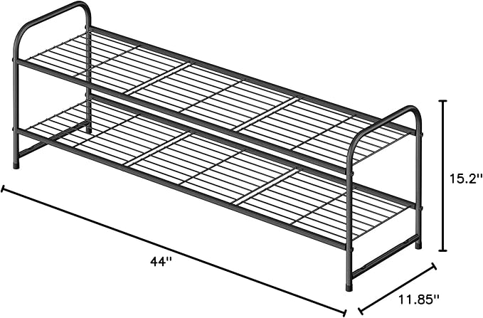 2 Tier Shoe Rack for Closet, 44 Inch Extra Long Shoe Storage Organizer for Shelves, Heavy Duty Metal, Easy Assembly, Black