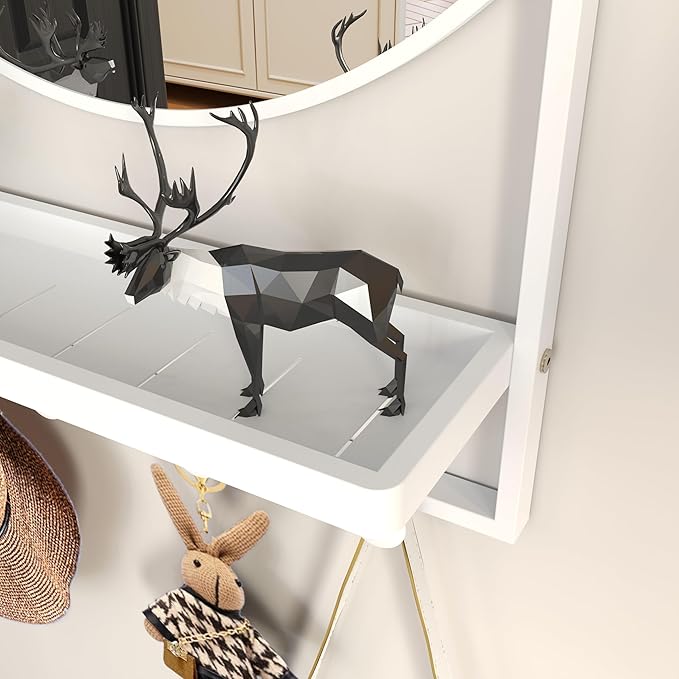 WONSTART 28" x 20" Entryway Mirror with Hooks, Bathroom Mirror with Shelf, Rectangular Frame Round Wall Mirror with Shelf and Hooks, Vanity Mirror Decorative for Wall(White)