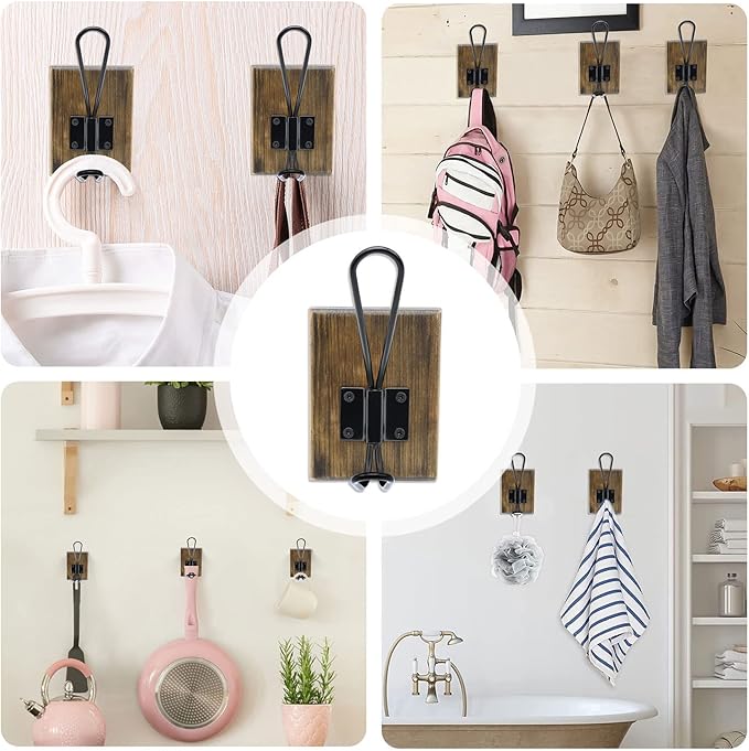 Wall Hooks for Hanging,Coat Hooks,Hat Hangers for Wall,2 Pack Adhesive Towel Hooks for Bathroom,Wood Coat Rack for Robe Keys Backpack Purse(Weathered Brown)