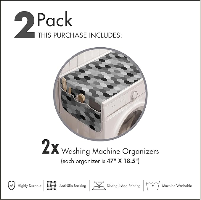 Ambesonne Charcoal Washing Machine Organizer Pack of 2, Greyscale Geometric Pattern with Striped Hexagons Grid Illustration, Anti-Slip Cover for Washers Dryers, 47" x 18.5", Charcoal Grey