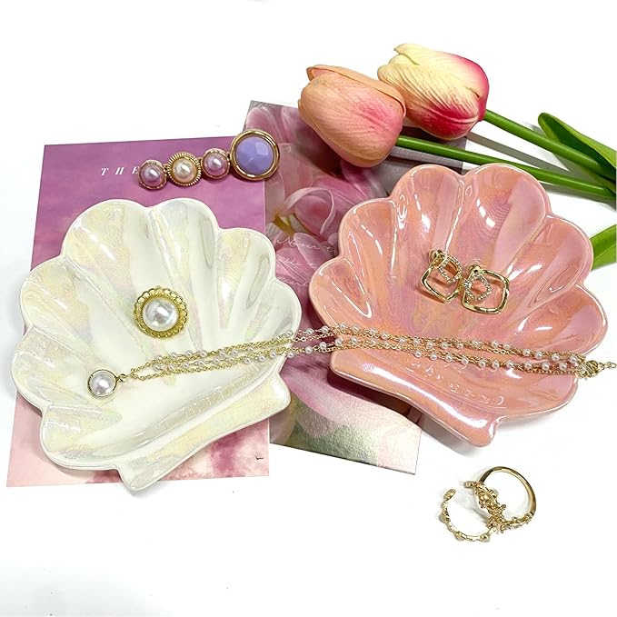 Sea Shell Jewelry Dish, Ceramic Seashell Jewelry Holder, Cute Organizer Plate Vanity Decorations Accessories for Home Bathroom Decor Birthday Mother's Day Christmas Gift for Women
