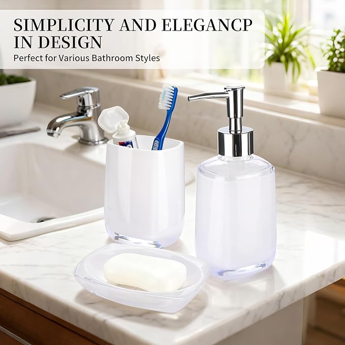 3 Pcs White Bathroom Accessories Set, Soap Dispenser, Soap Dish, Mouthwash Cup,Countertop Organizer Bathroom Sink Set,Boho Modern Bath Decor Gift for Home