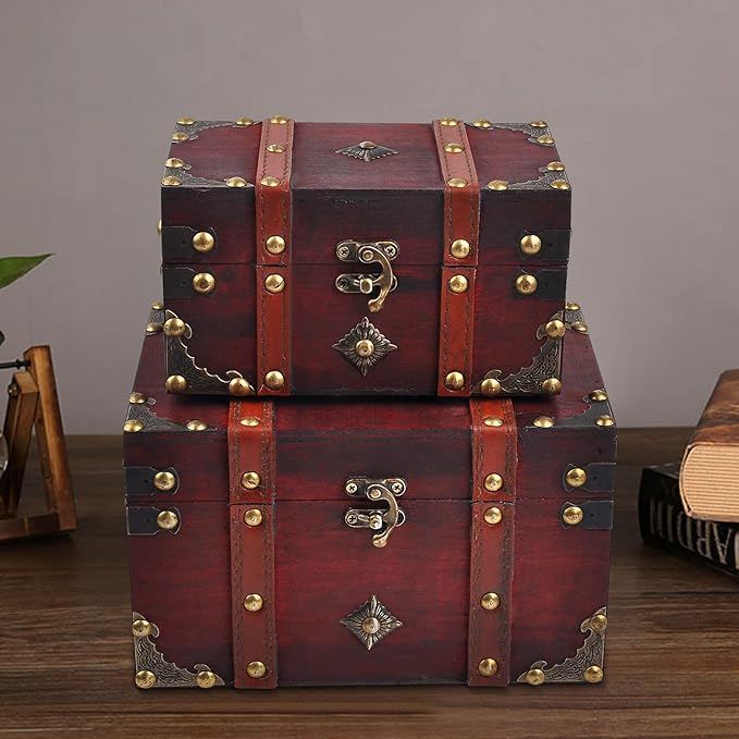POWER UNICO FLOWER Vintage Treasure Lock Storage Box â Handmade Wooden Decorative Chest, Perfect Keepsake Box for Home Décor, Jewelry, Trinkets and Gift Storage (301-Combo1)