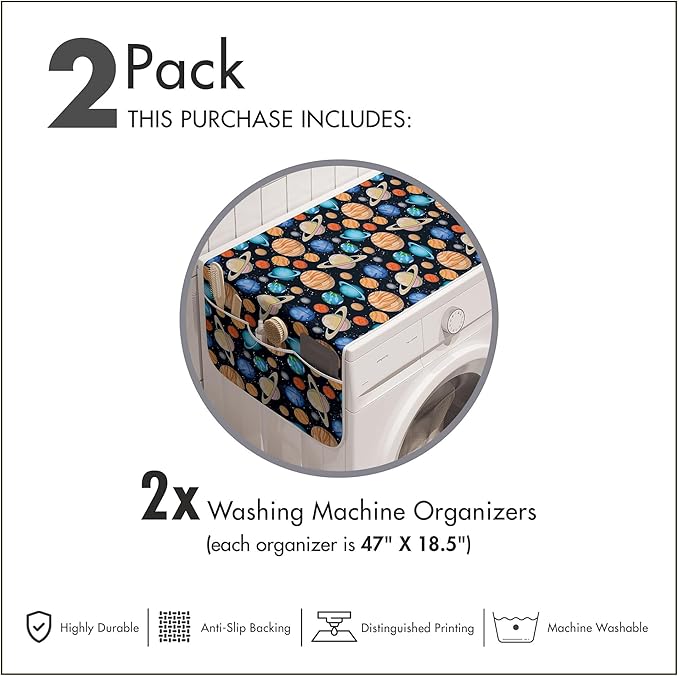 Ambesonne Galaxy Washing Machine Organizer Pack of 2, Galaxy Space Art Solar System Planets Mars Mercury Uranus Jupiter Venus Print, Anti-Slip Cover for Washers Dryers, 47" x 18.5", Salmon Blue
