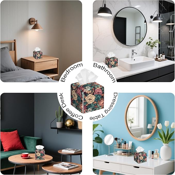 Romantic Big Flower Tissue Box Cover Square,Tissue Box Holder with Belt Bottom,Stylish Leather Napkin Holder for Vanity Countertop,Nightstands,Office Desk,5.2"Ã5.2"Ã5.2"