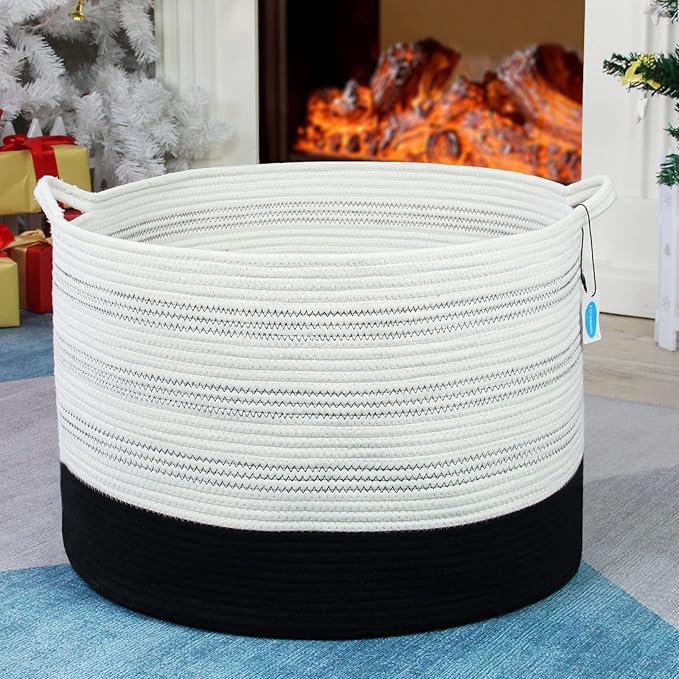 Casaphoria XXXLarge Cotton Rope Basket 22" X 22"X 14" Blanket Basket for Living Room Woven Basket Soft Laundry Blanket Basket storage basket bin with Handleï¼pack of 1ï¼