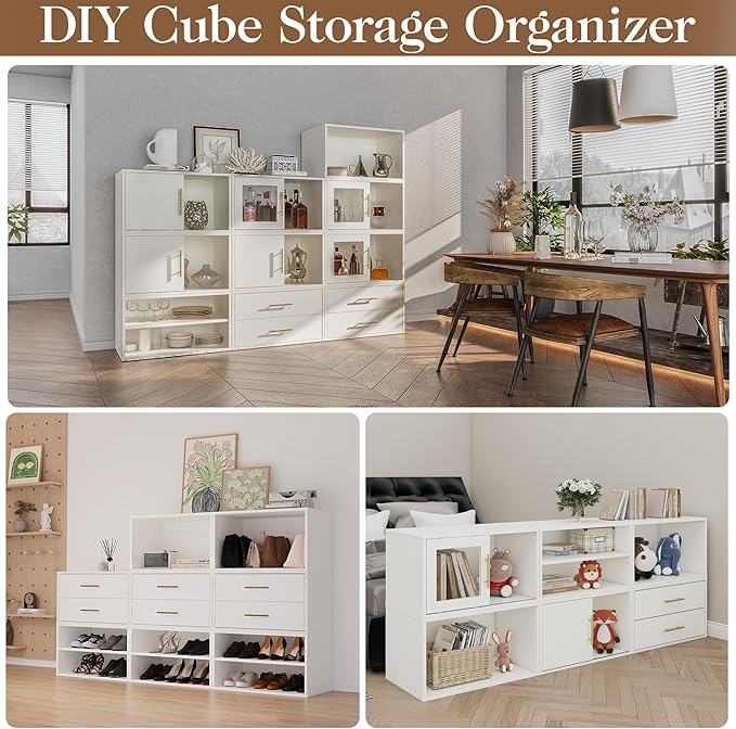 White Dresser with Sliding Door, Tall Dresser for Bedroom and Closet, 3 Pcs Stackable Cubby Storage Organizers, Wood Dressers for Living Room and Bedroom