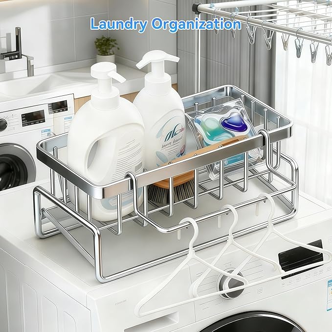 Sponge Holder for Kitchen, Sink Caddy Organizer Rack for Kitchen Accessories, Soap Dispenser Countertop Organizer Essentials for Home (Grey)