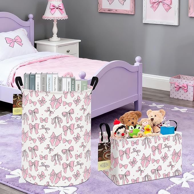 HUNRUNG Laundry Hamper,Large Canvas Fabric Lightweight Storage Basket Toy Organizer Dirty Clothes Collapsible Waterproof for College Dormsï¼Round-Pink Bowï¼