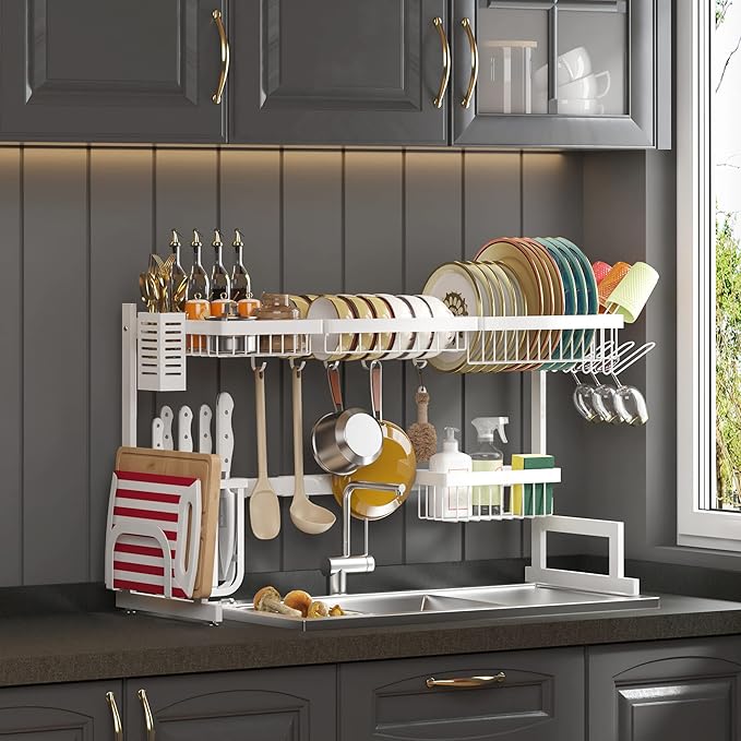PUSDON Over Sink Dish Drying Rack Stainless Steel, Adjustable Large Dish Drainer for Storage Kitchen Organization White 2 Tier - Standard(26"-38")