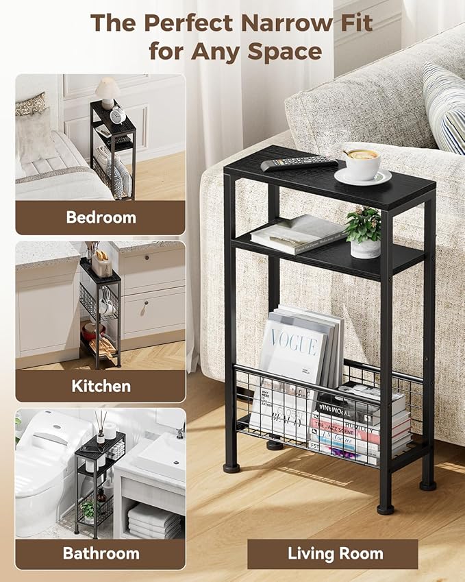 Karii Narrow Side Table, Skinny End Table for Small Spaces with Storage, 3-Tier Slim Wooden Bedside Nightstand Thin Couch Table for Living Room Bedroom Office Dorm Kitchen Bathroom (1, Black)
