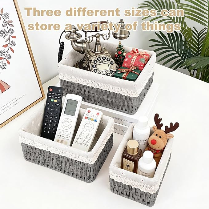Large Wicker Storage Basket with Liner, Hand-Woven Paper Rope Rattan Organizer Bin for Pantry, Countertop, Bathroom, Bedroom, Shelves (Grey, L)