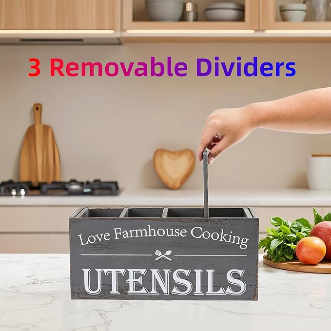 Utensil Holder,Extra Large Wooden Utensil Holder For Kitchen Counter,Cooking Spatula Organizer,Big Storage Caddy With 4 Compartments Flatware Spoon Tool Cutlery(Grey)
