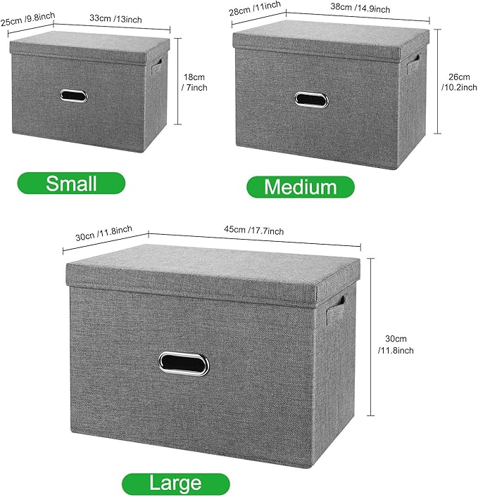 Linen Fabric Collapsible Storage Bins with Removable Lids and Handles, Washable Storage Box Containers Baskets Cube with Cover for Bedroom,Closet,Office,Living Room,Nursery (Khaki, Medium)