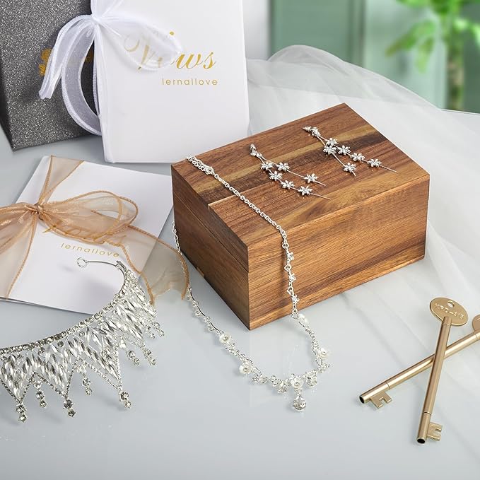 DRASTAR Keepsake Box, Acacia Wood Memory Box with Hinged Lids, Wooden Jewelry Box, Small Storage Box,3x5, 4x6 Decorative Card Box, Bridal Shower Gifts