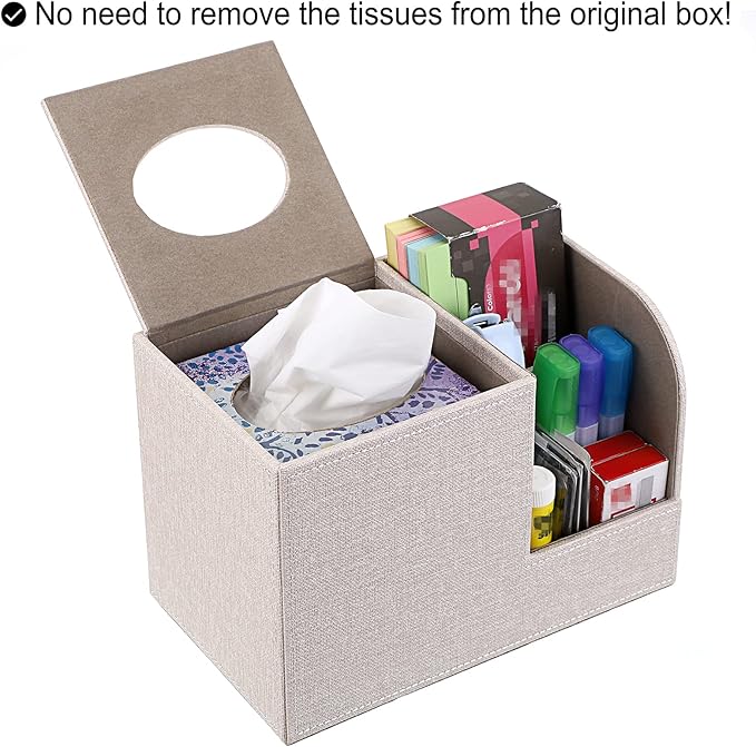 Sumnacon Square Linen Tissue Box Cover - Decorative Cube Tissue Box Holder with Side Organizer, Modern Tissue Box for Living Room Vanity Night Stand Table Countertop Office, Beige