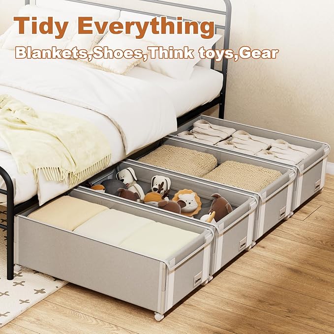 2Pack Under Bed Storage with Wheels,9.5"-12"Tall Adjustable Height Underbed Storage,Deep Under Bed Storage Containers,Rolling Under Bed Clothes Storage,Metal Under Bed Drawers for Shoes,Blankets,Toys
