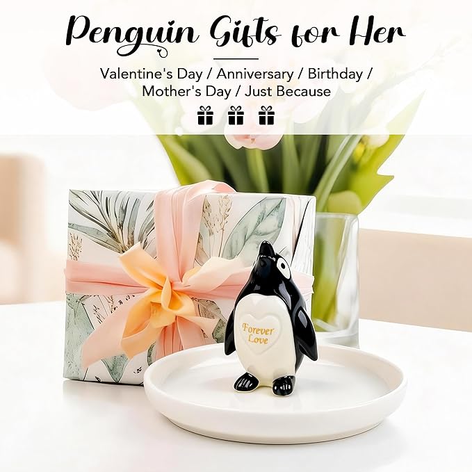 PUDDING CABIN Penguin Gifts for Women Ring Holder Dish Forever Love Jewelry Holder for Rings, Earrings, Necklaces - Engagement Anniversary Birthday Mothers Day Gift for Mom, Wife, Girlfriend