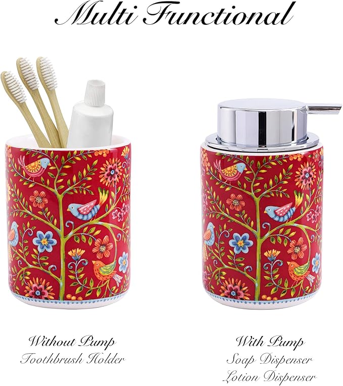 Bico Red Spring Bird Ceramic 12oz Soap Dispenser with Removable Pump, Ideal for Kitchen, Bathroom, Lotion and Essential Oil