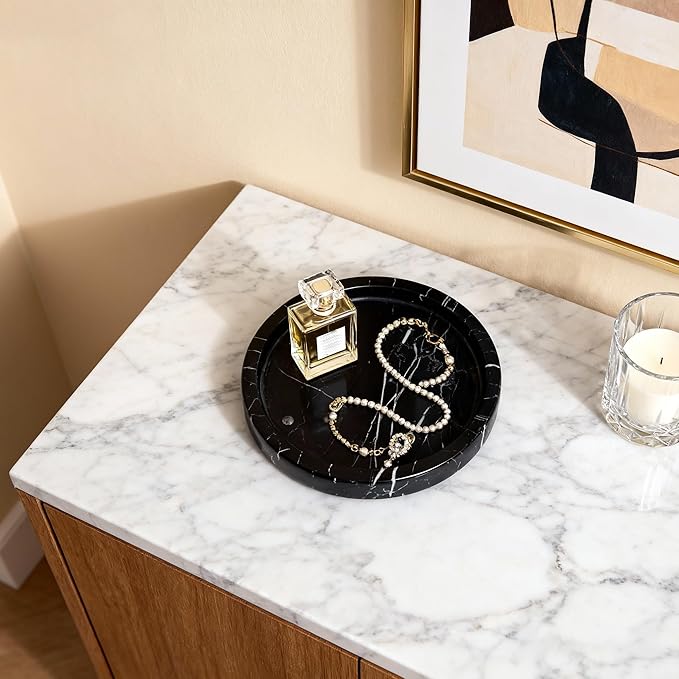 Natural Marble Tray for Rings and Jewelry Dish, 5.91 inch Round Decorative Tray for Kitchen, Vanity, Bathroom,Dressing Table, Bedside Table, Home Decor, Black (NS028)