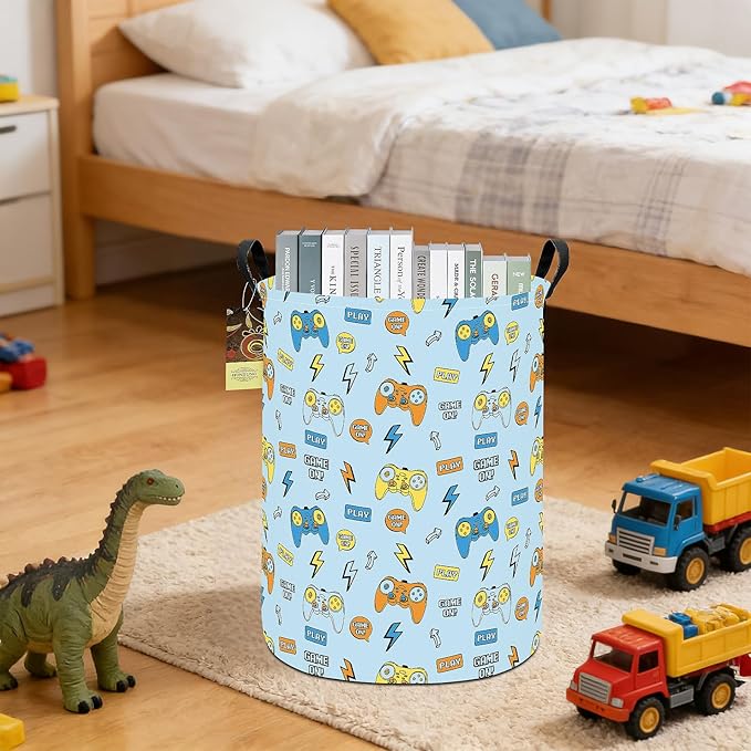 HUNRUNG Laundry Hamper,Large Canvas Fabric Lightweight Storage Basket Toy Organizer Dirty Clothes Collapsible Waterproof for College Dormsï¼Round-Color Gameï¼