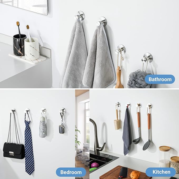 SAYAYO Self Adhesive Hooks for Hanging, Brushed Nickel Towel Hook for Bathrooms Coat Hooks Wall Mount, Stick on Hook SUS304 Stainless Steel, 4pcs