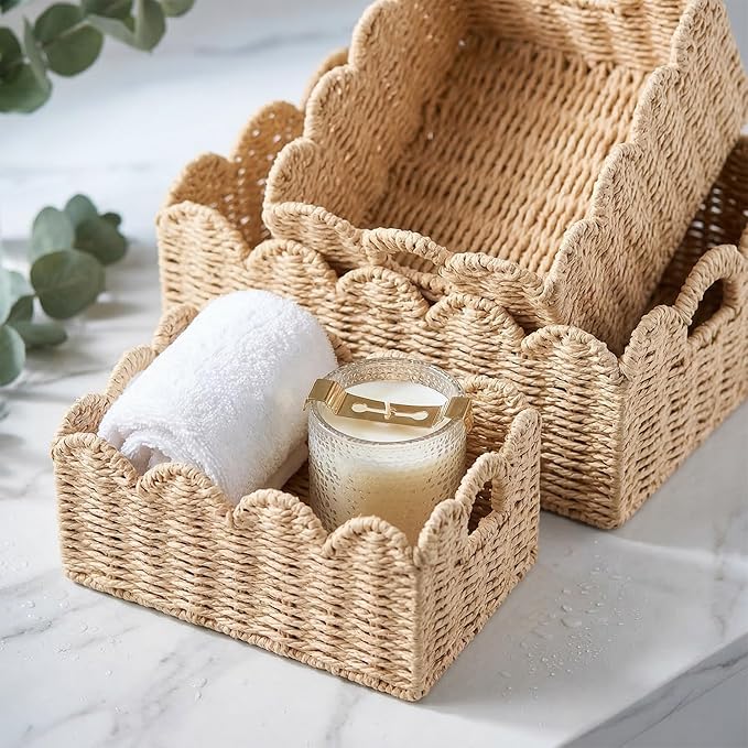 Scalloped Wicker Baskets, Set of 3 Hand-Woven Storage Baskets with Handles - Paper Rope Shelf Organizers & Decorative Baskets for Shelves, Closet, Bathroom (Beigeï¼