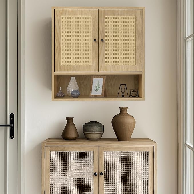 Wall Mounted Rattan Cabinet | Boho Medicine Cabinet for Bathroom | 3-Tier Storage with Doors | for Kitchen, Living Room, Over Toilet Storage | 23.2"x7.68"x24" Natural Rattan(Oak)
