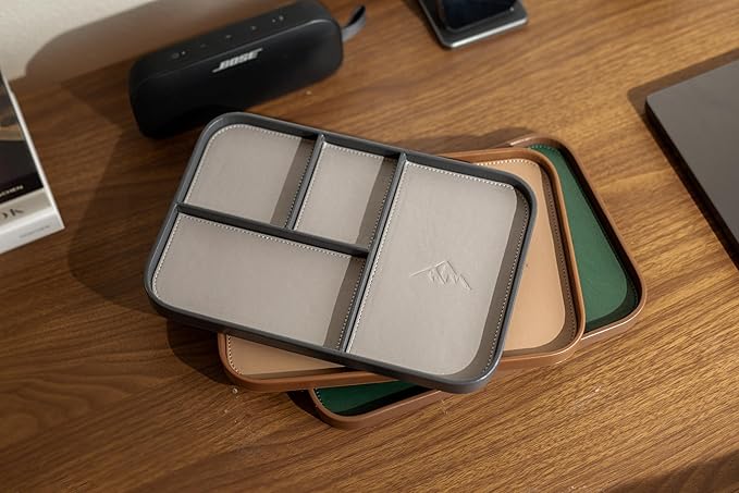 MUUJEE Leather Catchall Multitray (Design 2) - 11.65 x 7.75 x 0.8, Mountain Design Embossed Minimalist Wallet Tray for Men, Thoughtful Husband Gift, Desk EDC Organizer for Watch Keys Glasses, Gray