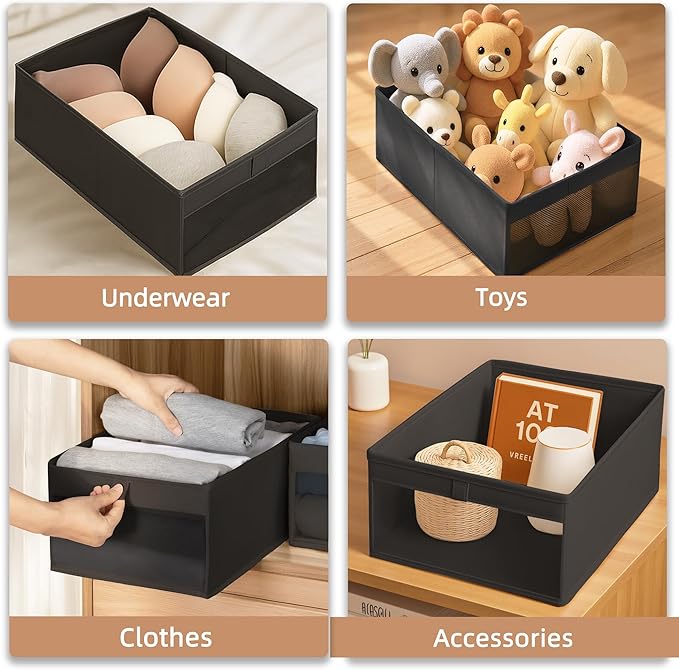 STORAGE MANIAC 6 Pack Storage Bins with Clear Window, Storage Boxes for Shelves, Sturdy Foldable Closet Organization Fabric Shelf Basket for Toy, Towel, Book, Jeans, Offices, Dorm, Wardrobe, Black
