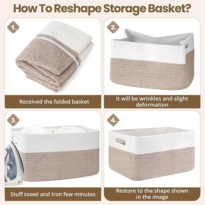 75L Large Blanket Basket, Woven Storage Baskets with Reinforced Handles, Rope Laundry Basket for Living Room, Bedroom, Nursery, Toys, Clothes,Pillows, 22â x 17â x 11.5â, White & Brown