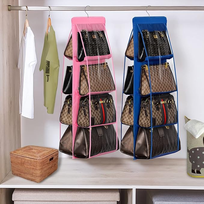 Lirex Handbag Hanging Purse Organizer for Closet, 8 Pocket Handbag Storage Organizer Hanger Oxford Cloth Closet Organizer for Family Closet Bedroom, Foldable and Universal Fit, Blue