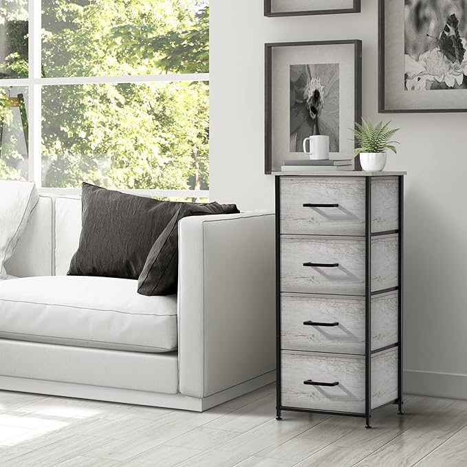 Sorbus Nightstand Dresser with 4 Faux Wood Drawers â Tall Bedside Table Chest with Storage, Steel Frame, Wood Top, Easy Pull Fabric Bins for Bedroom, Living Room, Closet & Dorm Furniture Lamp Stand