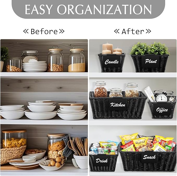 Marsui 6 Pcs Wicker Storage Baskets with Labels Handwoven Multi-size Black Wicker Storage Bins for Organizing Small Baskets Container for Shelves Closet Pantry Toilet
