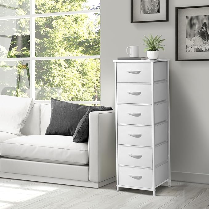 Sorbus Fabric Dresser for Kids Bedroom - Chest of 6 Drawers, Tall Storage Tower, Clothing Organizer, for Closet, for Playroom, for Nursery, Steel Frame, Fabric Bins - Wood Handle (White)