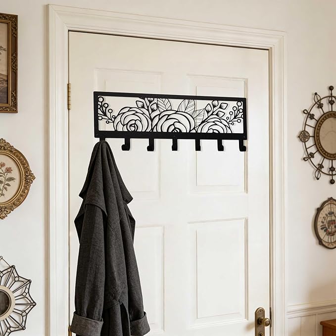 Cute Black Floral Wall Mount Rack with 7 Hooks, Decorative Wall Hanger for Coat, Hat, Bag, Car Key, Unique Wall Hooks for Entryway, Front Door, Bathroom, Kitchen, Office, Home Organization