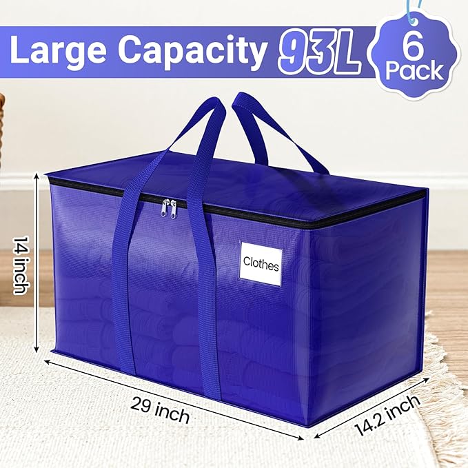 Moving Storage Bags, Moving Supplies Packing Boxes for Moving, Camping, College Dorm Room Essentials for Girls, Blue Tote Bags, Heavy-Duty Storage Bins With Lids And Zippers, 93L 6 Pack