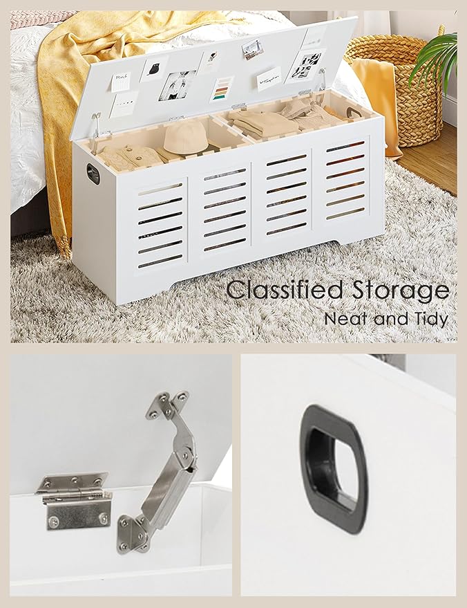 DINZI LVJ Storage Chest, 47.3â Wooden Toy Box with 2 Safety Hinges, Retro Entryway Shoe Storage Bench with Flip-Top, Sturdy Large Storage Trunk for Living Room, Bedroom, Easy Assembly, White