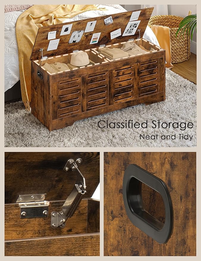 DINZI LVJ Storage Chest, 47.3â Wooden Toy Box with 2 Safety Hinges, Retro Entryway Shoe Storage Bench with Flip-Top, Sturdy Large Storage Trunk for Living Room, Bedroom, Easy Assembly, Rustic Brown