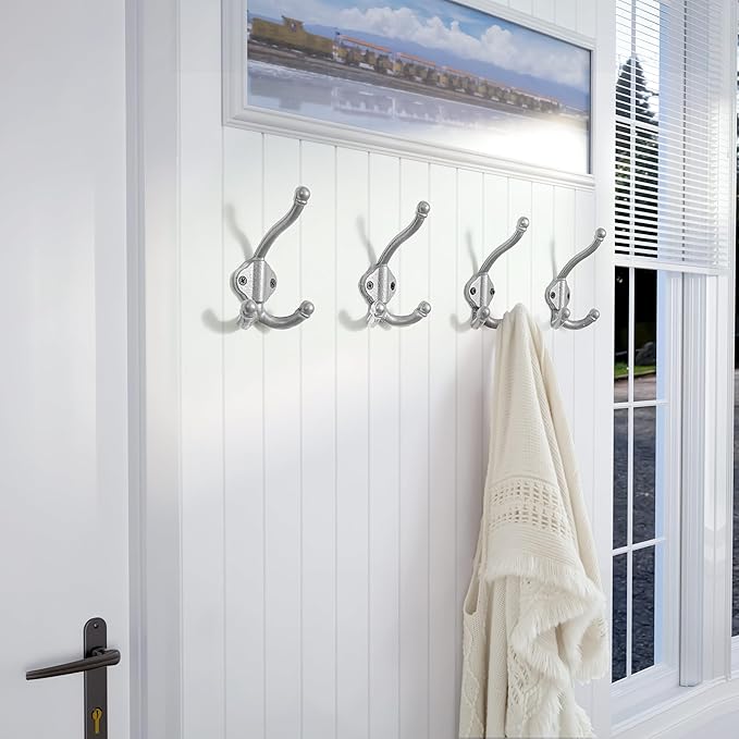 Dseap Cast Iron Wall Hooks L=5”, Heavy Duty Coat Hooks, Rustic Vintage Farmhouse Hook for Hanging Winter Coats Jackets Towels Hats Bags Plants, Silver, Pack of 5 (GripBold)