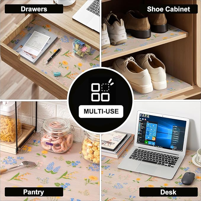 INNOLITES Shelf Liners for Kitchen Cabinets Non-Adhesive Drawer Liner with Floral, Waterproof Durable Easy to Clean, for Refrigerator, Shelves (Colorful Floral, 17.5" x 360")