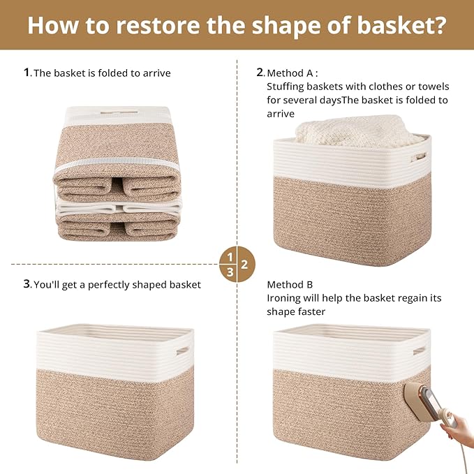 OIAHOMY 13 Kallax Inch Cube Storage Bins, 3-Pack Cotton Rope Woven Baskets for Organizing, Kallax Insert Storage Baskets for Shelves, Baby Nursery, Closet Organizer, 15 * 13 * 12.6IN, Brown & White